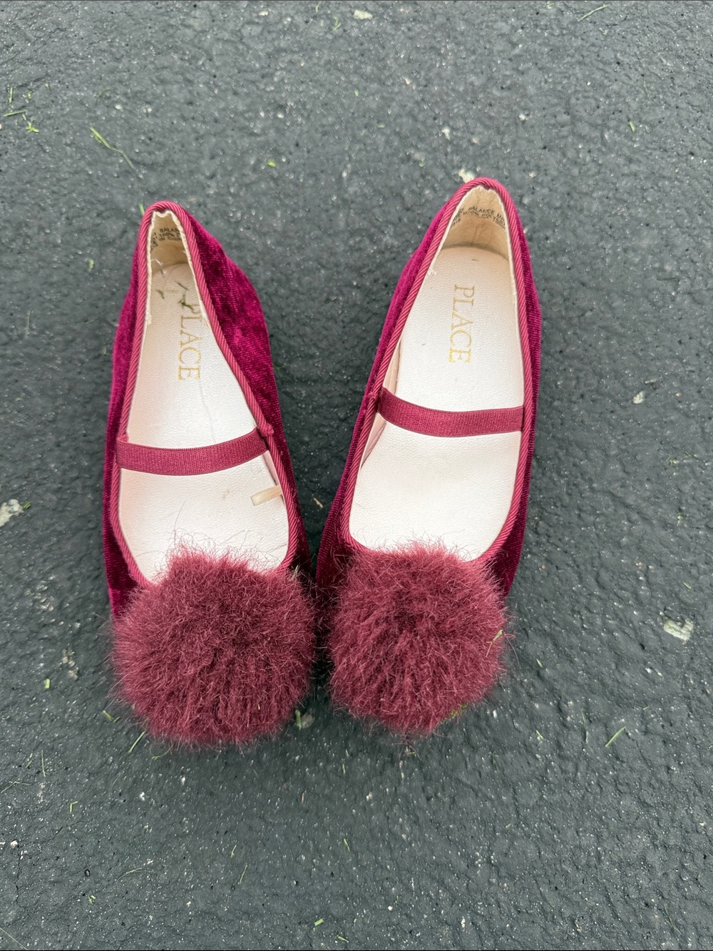 The Children's Place Girls Burgundy Velvet Pom Pom Flats